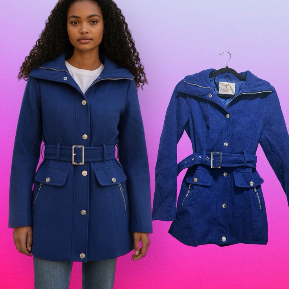 Vintage Y2K Guess Women's Royal Blue Trench Coat - Picture 1 of 9